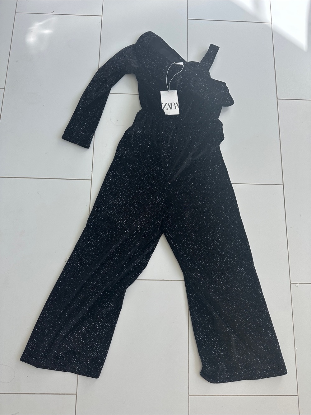 Zara Black One-Shoulder Sparkle Jumpsuit 10 NWT